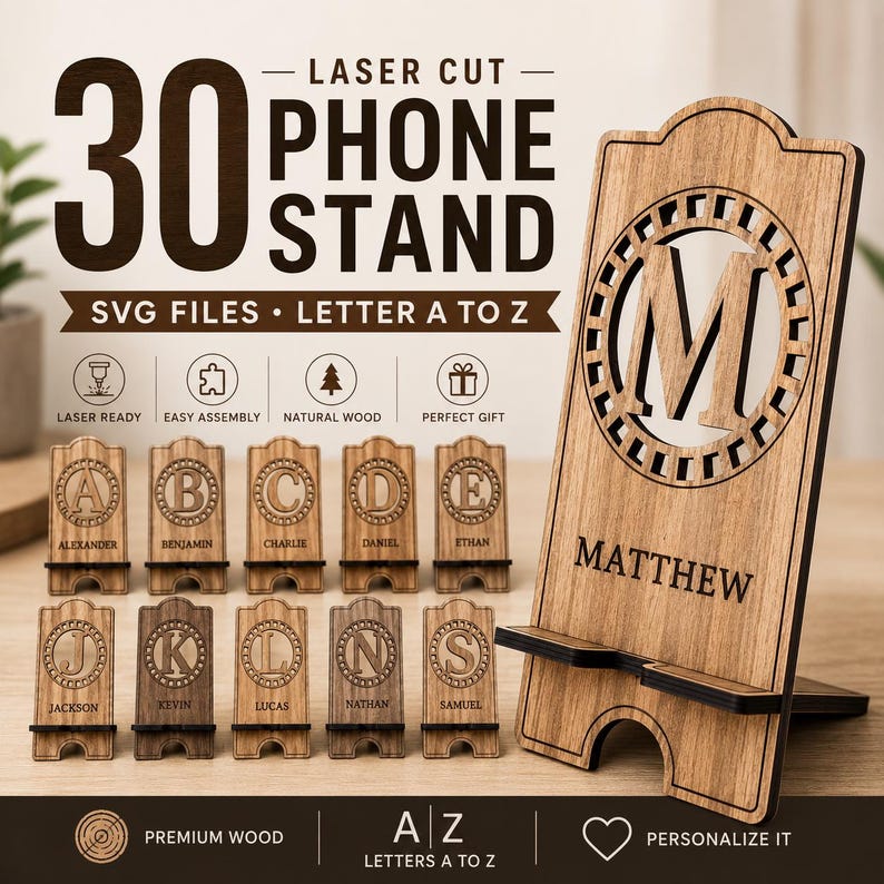 Puede incluir: Una colecci&oacute;n de soportes de madera para tel&eacute;fono cortados con l&aacute;ser que presentan varias letras del alfabeto. Los soportes son rectangulares con un recorte circular que contiene una letra y un nombre grabado debajo. Texto: 30 PHONE STAND SVG FILES.