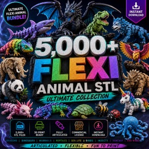 Pode incluir: Uma coleção digital de mais de 5.000 arquivos STL de animais articulados para impressão 3D, incluindo modelos como dragão, T-Rex, lobo, elefante, panda, axolote, tartaruga, abelha, joaninha, unicórnio e polvo em várias cores e texturas.