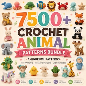 Pode incluir: Um gráfico digital com o texto 7500+ CROCHET ANIMAL PATTERNS BUNDLE rodeado por várias pequenas e coloridas figuras amigurumi de crochê, incluindo uma baleia, polvo, tartaruga, peixe, leão, caranguejo, água-viva, estrela-do-mar, urso, raposa, coelho, panda, elefante, cervo, dragão, menina, pintinho, ovelha, cacto, fada, girafa e unicórnio.
