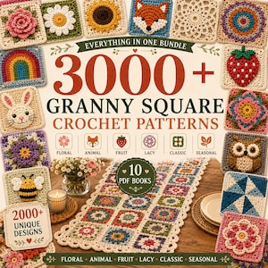 Può includere: Una collezione digitale di oltre 3000 schemi per uncinetto granny square con vari design come fiori, animali, frutta e motivi in pizzo. L'immagine mostra un runner da tavola composto da quadrati colorati, una candela ed etichette di testo.