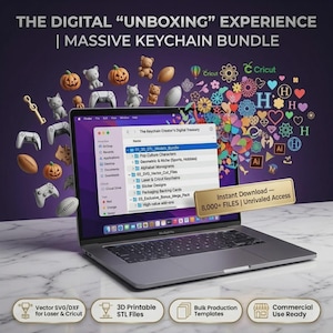 May include: A laptop displaying a file directory titled The Keychain Creator's Digital Treasury, surrounded by floating 3D icons of pumpkins, cats, bears, and game controllers, with text stating THE DIGITAL UNBOXING EXPERIENCE | MASSIVE KEYCHAIN BUNDLE.
