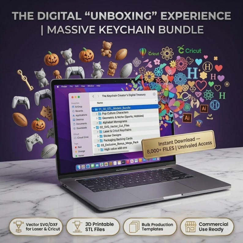 May include: A laptop displaying a file directory titled The Keychain Creator's Digital Treasury, surrounded by floating 3D icons of pumpkins, cats, bears, and game controllers, with text stating THE DIGITAL UNBOXING EXPERIENCE | MASSIVE KEYCHAIN BUNDLE.