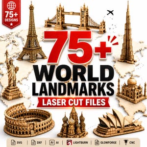 Bundel met meer dan 75 SVG-bestanden van lasergesneden architectuur, DXF-bestanden van wereldberoemde bezienswaardigheden, CNC-houtmodellen, Glowforge-sjablonen en 3D-lasersnijbestanden.