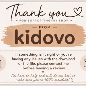 Puede incluir: Una tarjeta de agradecimiento rectangular con fondo crema y texto marr&oacute;n oscuro. La tarjeta dice Thank you for supporting my shop from kidovo. Incluye iconos de descarga de archivos y correo electr&oacute;nico, junto con una solicitud de contacto.