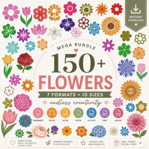 Könnte beinhalten: Ein digitales Grafikpaket mit einem Mega-Bundle von über 150 Blumen in verschiedenen Farben und Stilen. Das Bild enthält den Text "Mega Bundle" und "Sofort-Download". Es zeigt auch die verfügbaren Dateiformate, darunter PNG, EPS, AI, DXF, PDF und JPG.