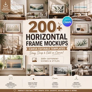 Puede incluir: Una colección digital de más de 200 maquetas de marcos horizontales con plantillas editables de Canva. La imagen muestra varias escenas de interiores con arte mural enmarcado, incluyendo paisajes, impresiones botánicas y diseños abstractos.