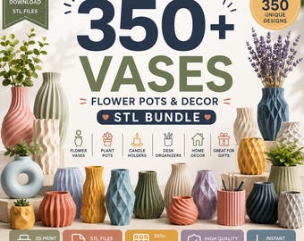 350+ vaser i STL-format | 3D-utskriftsfiler | Modern blomvas och kruka i STL-format | Heminredning | Omedelbar digital nedladdning