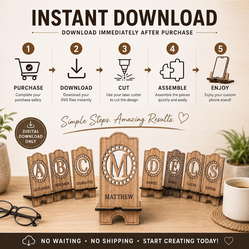 Puede incluir: Una gu&iacute;a de descarga digital para un soporte de tel&eacute;fono de madera cortado con l&aacute;ser que muestra cinco pasos: compra, descarga, corte, montaje y uso. Debajo, se muestran varios soportes de madera grabados con letras y nombres.