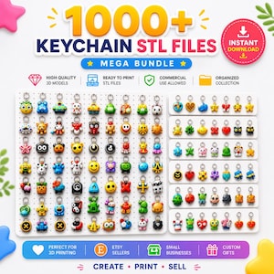 May include: A collection of colorful keychain STL files, featuring various designs like animals, hearts, and geometric shapes. The image includes text that reads "1000+ KEYCHAIN STL FILES MEGA BUNDLE" and "INSTANT DOWNLOAD".