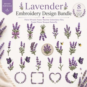Può includere: Un pacchetto di disegni per ricamo a lavanda con vari rametti di lavanda viola, bouquet con fiocchi, ghirlande floreali, cornici e farfalle. Il testo include Lavender Embroidery Design Bundle, 8 Sizes 2 to 5.5 Inches e Instant Download.