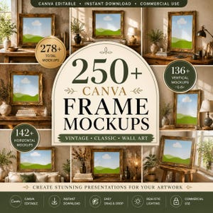 Puede incluir: Una colección digital de más de 250 maquetas de marcos de Canva con estilos de arte mural vintage y clásico. La imagen muestra varios marcos dorados que contienen ilustraciones de paisajes con colinas verdes y cielos azules.