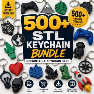 May include: A digital collection of 500+ STL keychain files featuring various 3D printed designs including a black game controller, green monstera leaf, blue rocket, red heart, skull, dragon, cactus, and astronaut, with text reading 500+ STL KEYCHAIN BUNDLE.