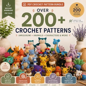 Puede incluir: Un paquete digital de más de 200 patrones de ganchillo con varios personajes amigurumi. La imagen muestra numerosas criaturas coloridas tejidas a ganchillo, incluyendo figuras amarillas, azules y moradas. El texto incluye "OVER 200+ CROCHET PATTERNS".