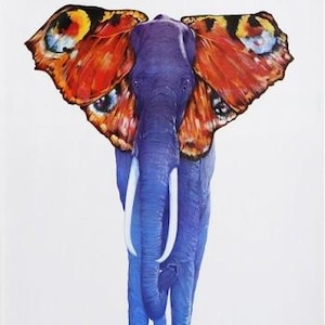 May include: A striking poster showing a blue elephant with butterfly wings. The elephant has long white tusks and is set against a white backdrop. The word "CIRCUS" is printed in bold black letters at the top.