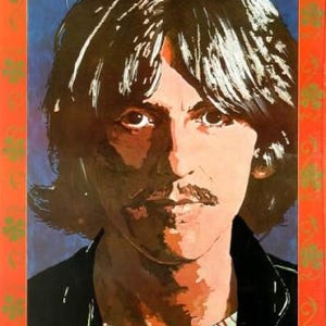 May include: A vintage poster with a portrait of a man with brown hair and a mustache. The image has a blue background and is framed in orange with gold floral accents. The name "HARRISON" is printed at the bottom.