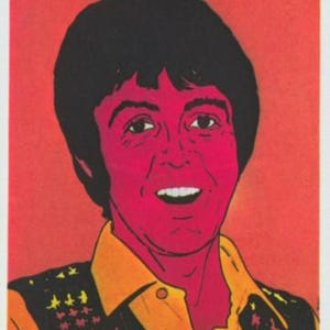 May include: Pop art portrait of a man with black hair and a red face, wearing a yellow collared shirt and a black vest with decorative patterns. The background is orange, and the name "McCartney" is at the top.