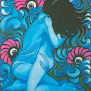 May include: An artistic illustration featuring a figure in shades of blue, kneeling amidst swirling blue patterns. Pink floral elements with eye-like centers are interspersed throughout the design. The figure's dark hair contrasts with the blue background.
