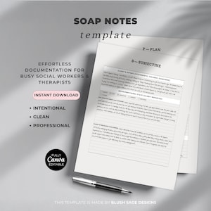 Puede incluir: Una pila de páginas de plantilla de notas SOAP blancas con el texto "SOAP NOTES template" en la parte superior. También es visible el texto "EFFORTLESS DOCUMENTATION FOR BUSY SOCIAL WORKERS & THERAPISTS". Un bolígrafo descansa en la parte inferior de las páginas.