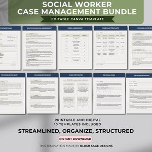 May include: A digital social worker case management bundle with 10 editable Canva templates. The templates include forms for client intake, needs assessment, care plans, and progress notes. The design is streamlined, organized, and structured.