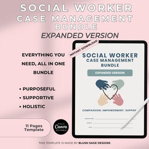 Social Worker Case Management Bundle Expanded Version,  Client Care Planning Templates, Editable Canva PDF, 11 Page Toolkit, Clinical Notes