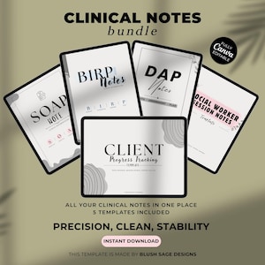 May include: A bundle of five digital templates for clinical notes, including SOAP, BIRP, DAP, and Social Worker Session Notes. The templates are displayed on tablets with black frames, featuring text and design elements. The words "Clinical Notes Bundle" are at the top.
