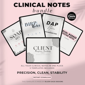 Könnte beinhalten: Ein digitales Bündel aus fünf klinischen Notizvorlagen, darunter SOAP, BIRP, DAP, Social Worker Session und Client Progress Tracking Dokumente. Die schwarz umrandeten Seiten enthalten Text und abstrakte graue Formen auf rosa Grund.