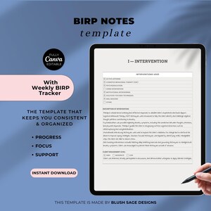 May include: A digital template for BIRP notes, displayed on a tablet with a stylus. The template includes sections for interventions and a weekly BIRP tracker. Text on the image includes "Fully Canva Editable" and "Instant Download."
