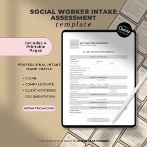 May include: A digital tablet showing a social worker intake assessment template. The template includes sections for client information and contact details. Text on the image reads "Social Worker Intake Assessment Template" and "Instant Download."