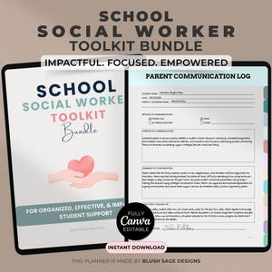 Może przedstawiać: Cyfrowy planer zatytułowany "School Social Worker Toolkit Bundle" z tekstem "Impactful. Focused. Empowered." Okładka przedstawia serce trzymane przez dłonie. Planer zawiera "Parent Communication Log" i jest "Fully Canva Editable."
