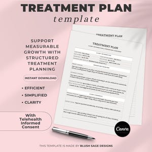 May include: A digital treatment plan template document with black text on white paper, featuring sections for client information, presenting concerns, and strengths. A silver pen lies below the document. Text includes TREATMENT PLAN template.