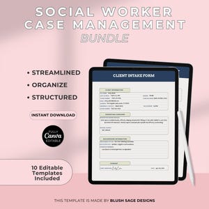 May include: A digital social worker case management bundle featuring ten editable templates. The display shows a client intake form with fields for client information, presenting concerns, and background information, plus a white stylus pen.