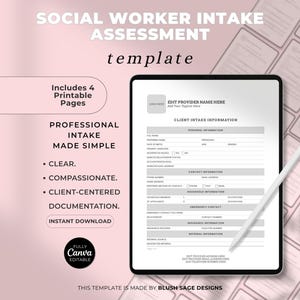 May include: A digital social worker intake assessment template displayed on a tablet screen with a stylus. The document includes sections for client information, contact details, household data, and insurance. The background is a soft blush pink.