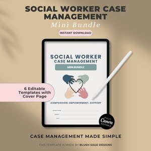 May include: A digital tablet shows a "Social Worker Case Management Mini Bundle" graphic. The image includes a white stylus, a pink banner with text, and a black Canva logo. The design features hands forming a heart.