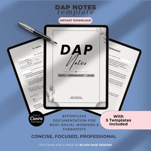 Puede incluir: Una plantilla digital de Notas DAP con el texto "DAP Notes" y "DATA ASSESSMENT PLAN". La imagen incluye un bolígrafo y tres tabletas con formularios, y el texto "INSTANT DOWNLOAD". La plantilla está diseñada para trabajadores sociales y terapeutas.