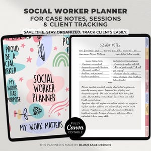 Planificador de trabajo social para la gestión de notas de casos, seguimiento de sesiones con clientes, planificador de terapia, cuaderno de trabajo social, diario digital del terapeuta.