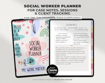 Planificador de trabajo social para la gestión de notas de casos, seguimiento de sesiones con clientes, planificador de terapia, cuaderno de trabajo social, diario digital del terapeuta.