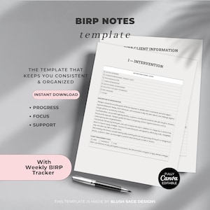 Könnte beinhalten: Eine BIRP-Notizen-Vorlage mit dem Text "BIRP NOTES template" und "THE TEMPLATE THAT KEEPS YOU CONSISTENT & ORGANIZED". Die Vorlage enthält Abschnitte für Kundeninformationen und Interventionen. Ein Stift liegt in der Nähe der Vorlage.