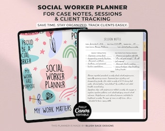 May include: A digital social worker planner displayed on two screens. The left screen features a colorful pattern with text including SOCIAL WORKER PLANNER and MY WORK MATTERS. The right screen shows a session notes template with handwritten text.