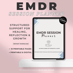 Może przedstawiać: Cyfrowy szablon EMDR Session Planner zawierający 10 stron do druku. Okładka zawiera napis EMDR SESSION Planner, ikonę dłoni trzymającej serce z krzyżem oraz tekst Structured support for healing, reflection, and growth.