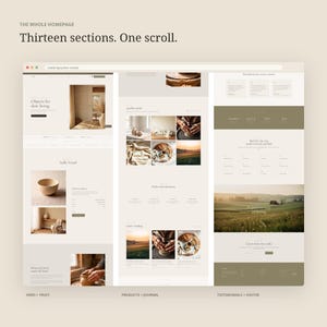 May include: A website layout design featuring thirteen sections on a single scroll. The interface displays a neutral color palette with imagery of pottery, landscapes, and text headers including 'Objects for slow living', 'Stille Vessel', and 'Made with intention'.