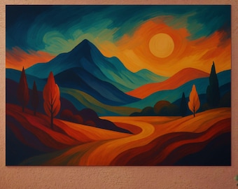 Abstract Mountain Landscape Aluminum Print, Vibrant Sunset Scenery Metal Panel, Contemporary Office Decor
