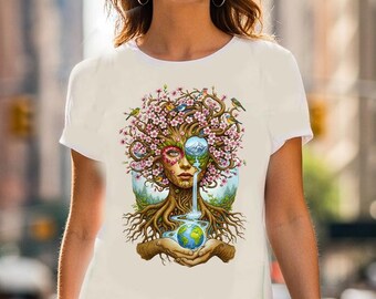 Camiseta surrealista de la diosa de la naturaleza, camiseta gráfica de la Madre Tierra, top de la mujer árbol espiritual, ropa de arte bohemio, regalo místico para amantes de la naturaleza y el bosque
