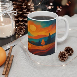 Vibrant Mountain Sunset Mug, Abstract Landscape Coffee Cup, Autumn Forest Tea Drinkware, Nature Lover Desk Decor, Hiker Camper Gift