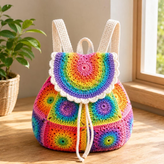 Crochet Backpack Pattern PDF, Granny Square Drawstring Backpack, Cottagecore Crochet Bag, Boho Backpack Gift, Beginner Instant Download