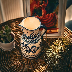 Vintage Spanish Sangria Pitcher – Hand-Painted Blue & White Ceramic Jug – Traditional Style Pottery