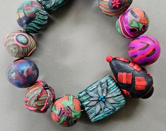 Beads,Polymer clay very large colorful beads, 12 irregular large beads, large lightweight handmade beads, artisan beads for jewelry making