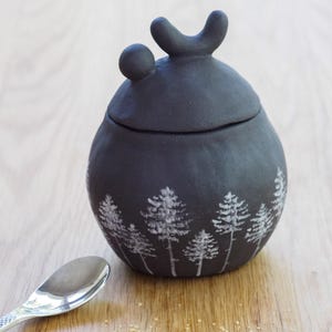 Handmade sugar bowl | ceramic sugar jar | handmade pottery | ceramic sugar container | pine tree art | handmade ceramics | stoneware jar