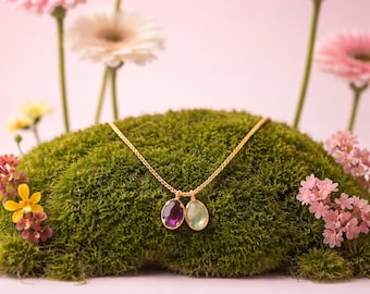 Mor ve yeşil Kuvars Kolye – Minimalista 14K Altın Zincir