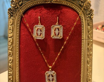 Conjunto de pendientes y collar, regalo con diamantes incrustados, plata 316L de 14 k, acero inoxidable color dorado.