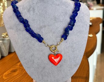 Collar de piedra azul: colgante de corazón naranja, regalo ideal para cumpleaños y Día de la Madre.